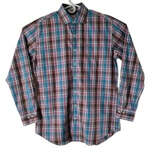 Peter Millar Shirt Men's L Teal Blue/Brown Plaid Long Sleeve Button Up Academia